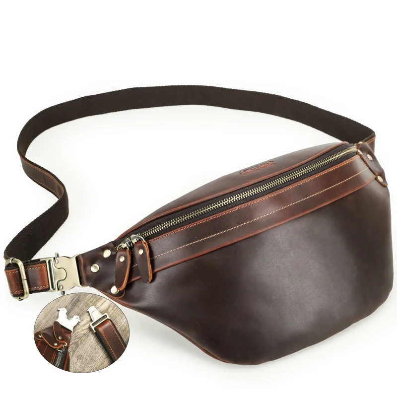 British Style Top Layer Cowhide Crazy Horse Cowhide Large Capacity Multi Functional Genuine Leather Waist Bag Men's Mobile Phone