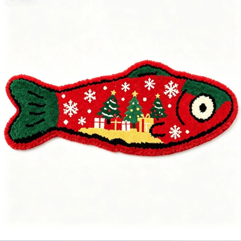 VIKAMA Fish Shaped Christmas Area Rug Xmas Tree Snowflake Gift Print Non‑Slip Floor Mat for Holiday Home Decor