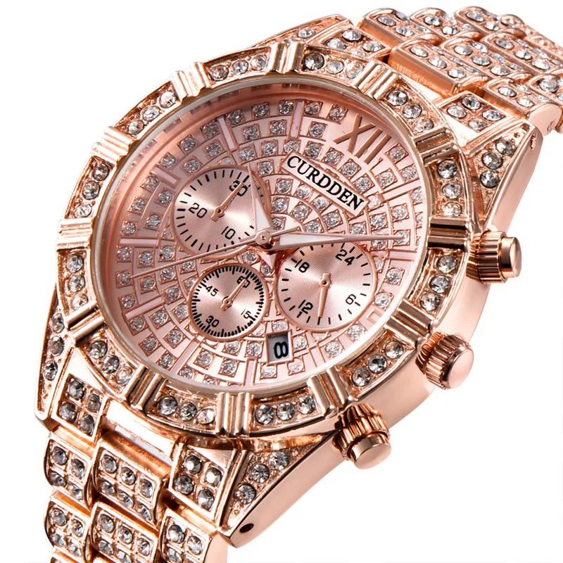 남성용 정품 CURDDEN 브랜드 럭셔리 시계, 힙합 다이아몬드 캐주얼 패션 합금 밴드, 날짜 쿼츠 빈티지 시계, Relogio Masculino