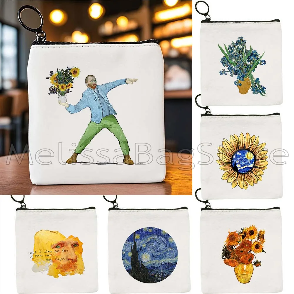 Van Gogh Painting Aesthetics Sunflower Vincent Van Gogh's Starry Night Iris Grunge Canvas Key Coin Purse Cute Bag Wallet Pouch
