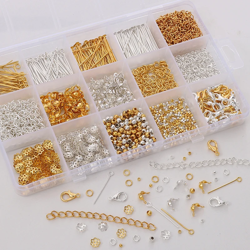 

15 Grids Chains Set Gold Beads Loose Spacer Beads Clasps & Hooks Chain for Necklace Bracelet Jewelry Findings Accessories