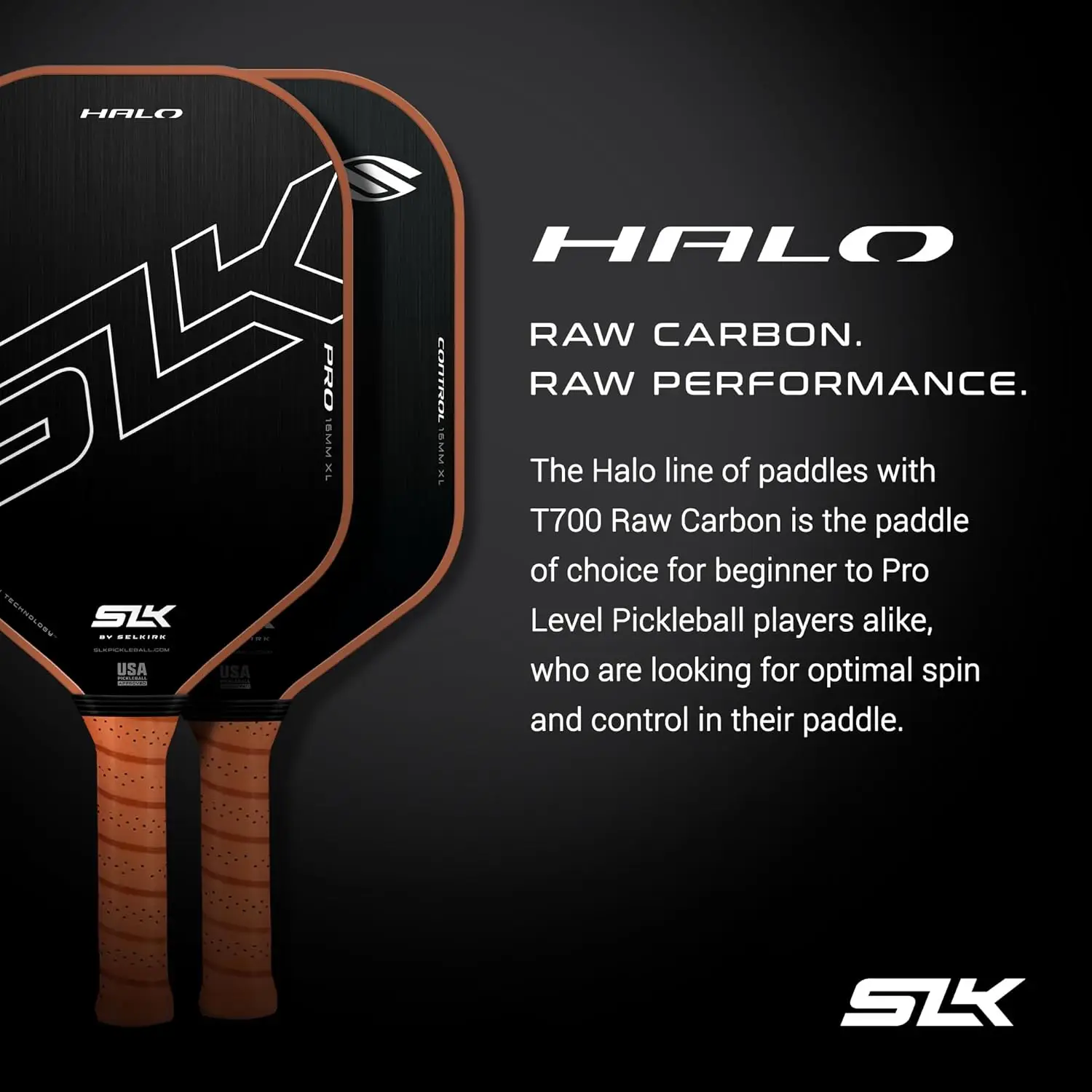 Halo Control e Halo Power Pickleball Paddle, Fibra de carbono crua, Reme com um polímero Rev-Core Power