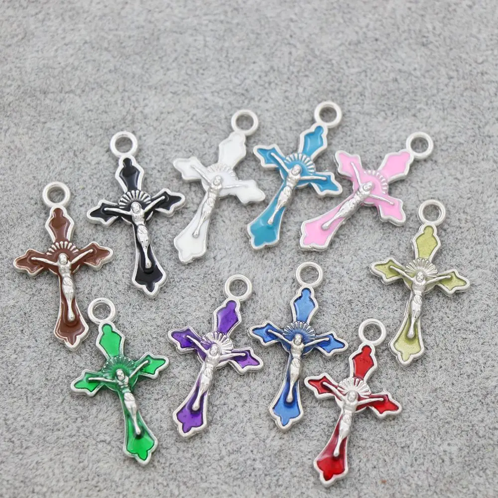 10Colors 12PCS Alloy Enamel Cross Charms  Jesus Crucifix Pendants L499 for Rosary Beads Necklace 14x22.5mm