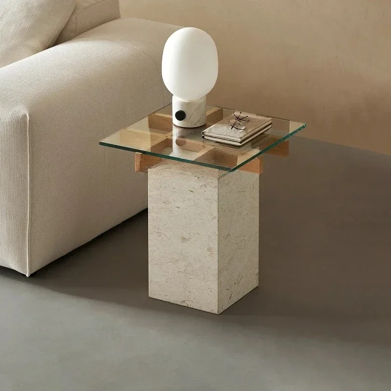 

/Plaid Glass Side Table Living Room Small Apartment Sofa Corner Table Marble Wood Color
