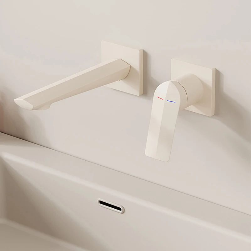 Wall Mounted Bathroom Vessel Sink Faucet Double Hole Basin Sink Faucet Modern 1 Handle Hot and Cold Mixer Tap Milky White