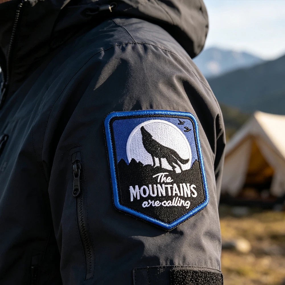 The Mountains Are Calling Wolf  Embroidered Patch Hook & Loop Badge for Outdoor Backpack Jacket Hat DIY Applique DecorSupply
