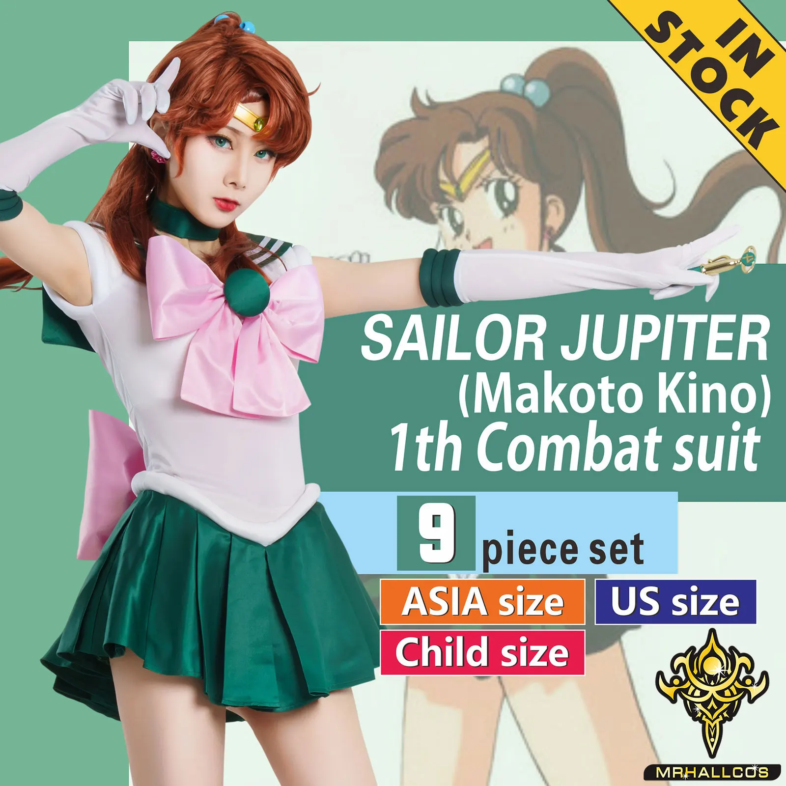 MRHALLCOS Anime Cosplay Sailor Jupiter Makoto Kino Moon Crystal dress outfits costume Halloween Party Kid Adult Women Plus Size