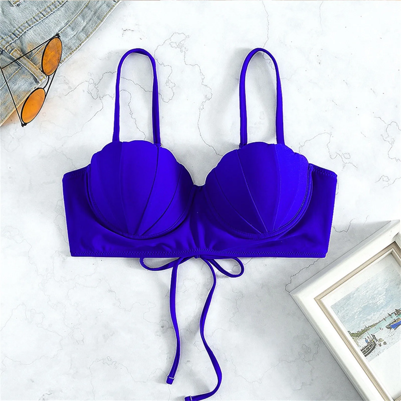 Women Bikini Bra Push Up Padded with Wire Spaghetti Strap Solid Color Swimming Seashell Shape Lace Up Beach Swimming Top Women