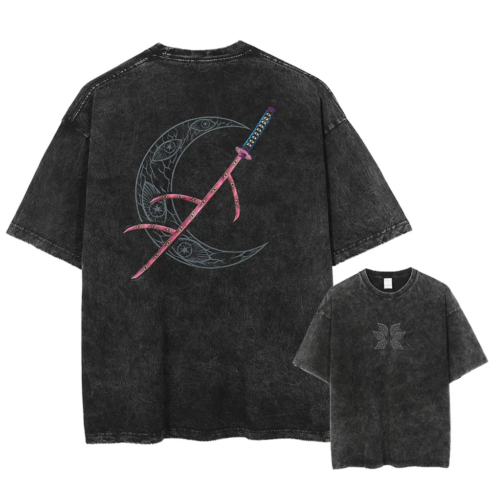 Japanese Anime Demon Slayer Kokushibo Graphic Washes T-shirts Men's Women's Pure Clothing Harajuku Y2K Streetwear Cotton Tops gallery 2