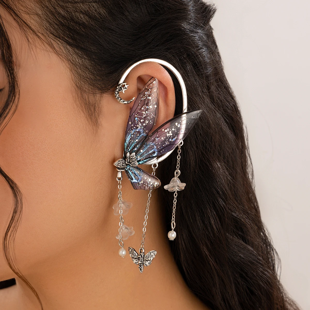 KunJoe Vintage Elf Butterfly Wings Ear Clips Earrings for Women Without Drilling 2024 Trend Flower Tassel Non Piercing Ear Cuff