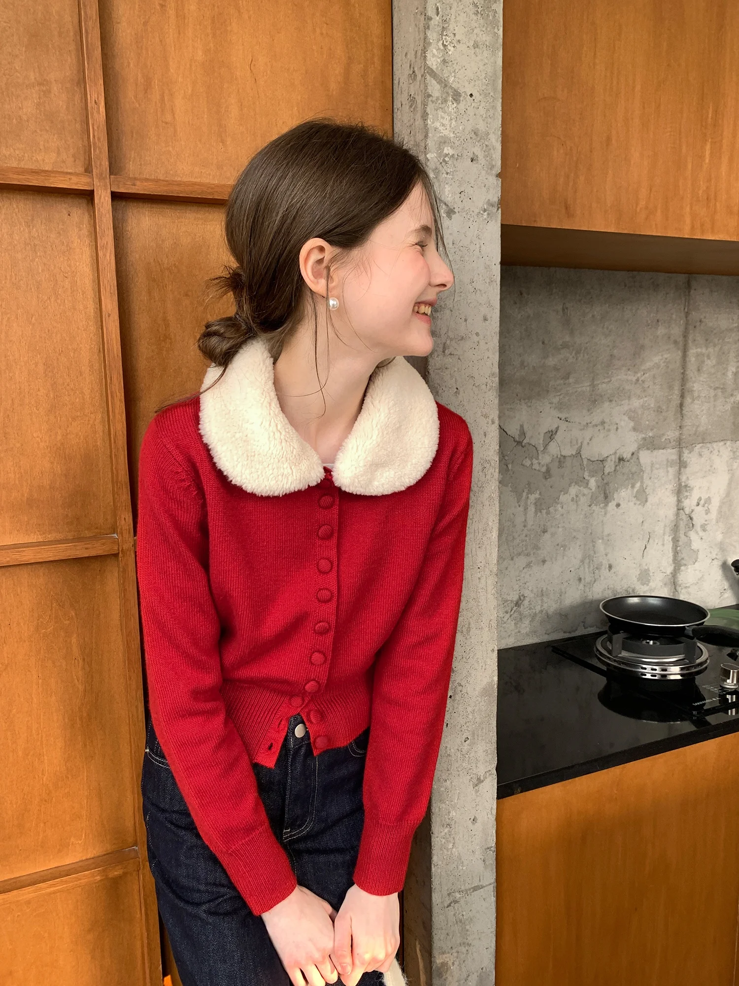 

Detachable Fur Collar Knitted ort Cardigan Women's Simple Elely Slimming Top EGGKA New Year Red Removable Sve Long