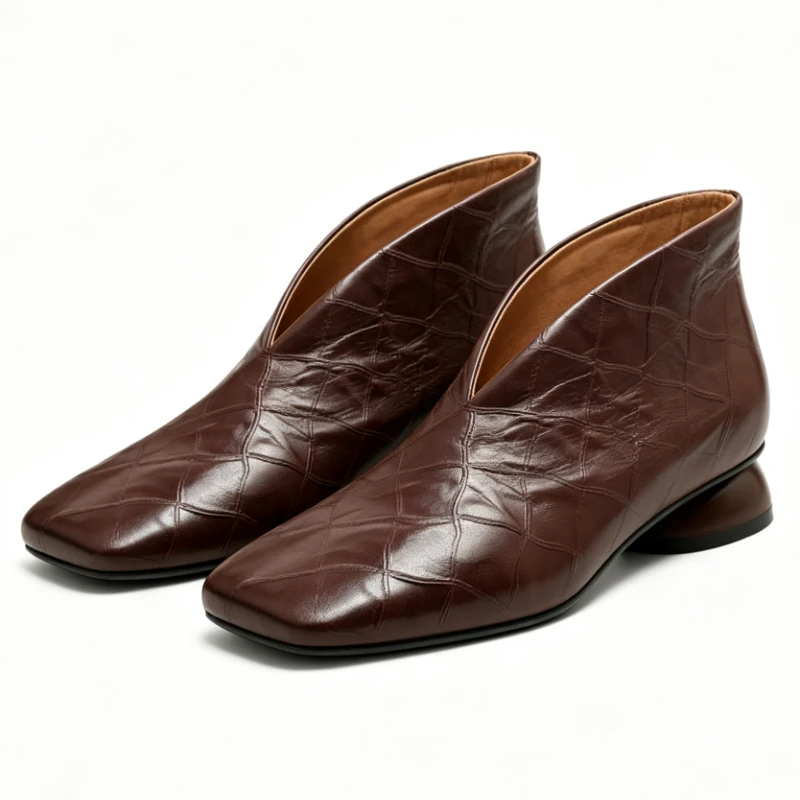 Vintage Brown Genuine Leather Ankle Boots Women Unique Square-Toe V-Cut Designer Shoes Light Soft-Soled Comfortable Women Shoes