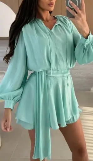 

French Dress Woman 2025 Long Sleeved V-Neck Lace Up Casual Dress for Women Elegant Summer Waist Cinched Lantern Sleeve Dress
