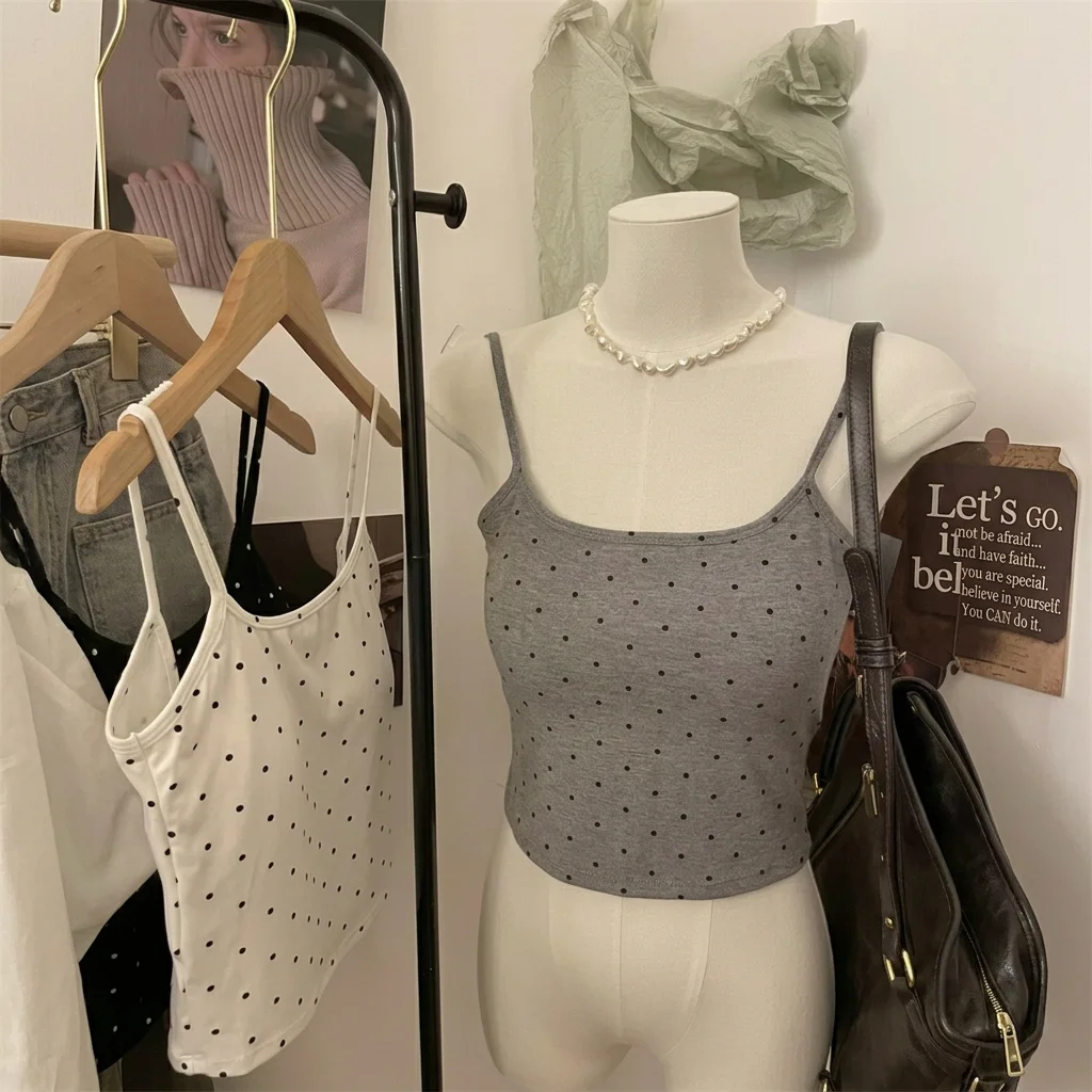 Polka Dot Camisole Breathable Slim Fit Tank Top Built-In Bra Tank Top Sweet Cropped Camisole For Shopping Commuting Inner