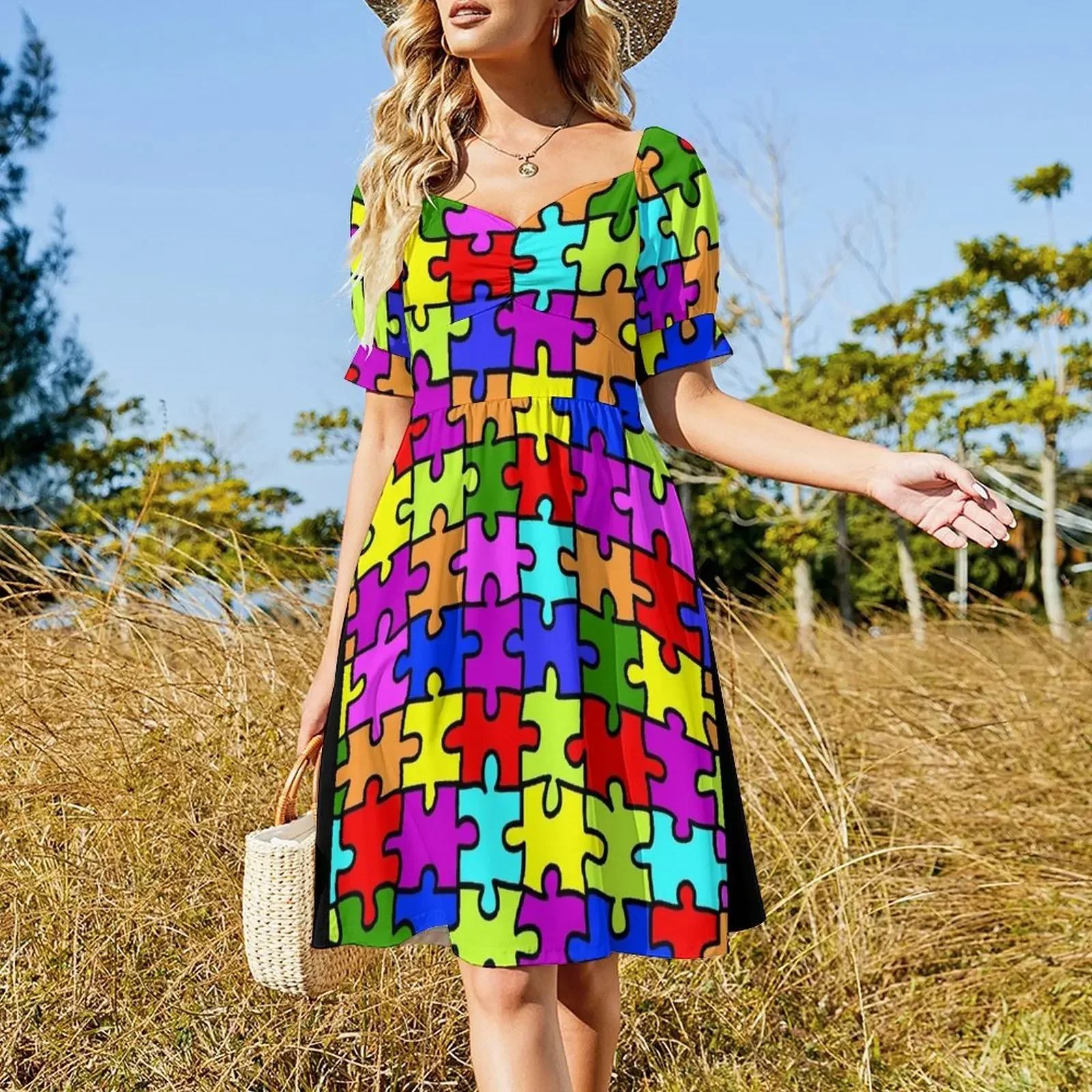 Colorful rainbow jigsaw puzzle pattern- autism awareness Sleeveless Dress luxury woman evening dress Female dress