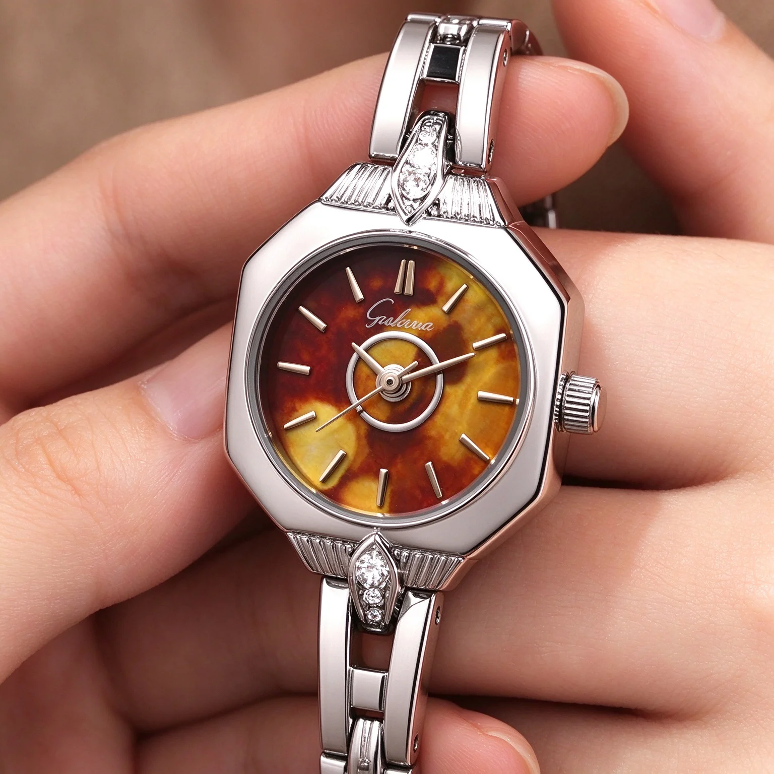 Octagon Ladies Quartz Watch Vintage Marble Dial Crystal Metal Bracelet Elegant Women Wristwatch Gold Silver
