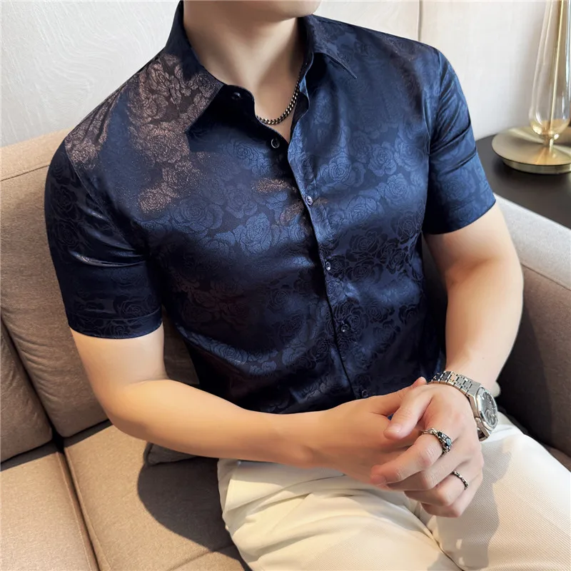 Summer Business Elegant Men's Floral Shirt Luxury Flower Slim Tuxedo Man Dress Shirts Party Prom Short Sleeved Camisas Masculina