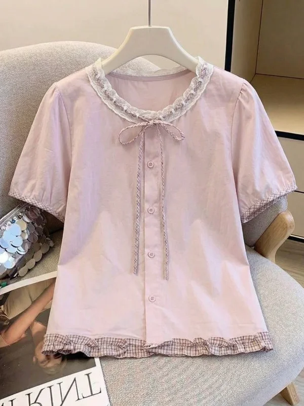 

Cute Pink Short Sleeve Shirt Women's Fashion Shoulder Doll Style Korean Version Commute Wind Loose Fit round Neck Shirt