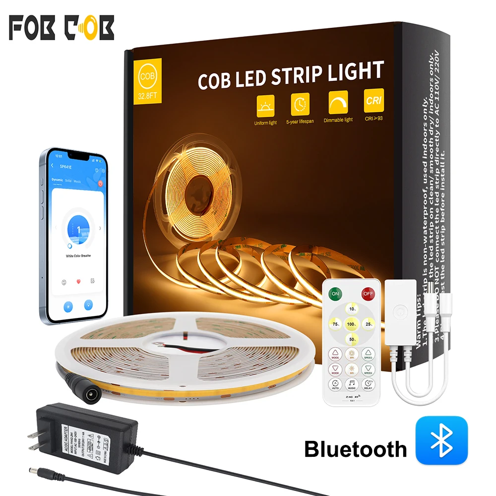 

5m 10m COB LED Strip Light 24V Dimmable Tape LED Bluetooth Remote Controller LED Strip Lighting 8mm PCB For Home Decor