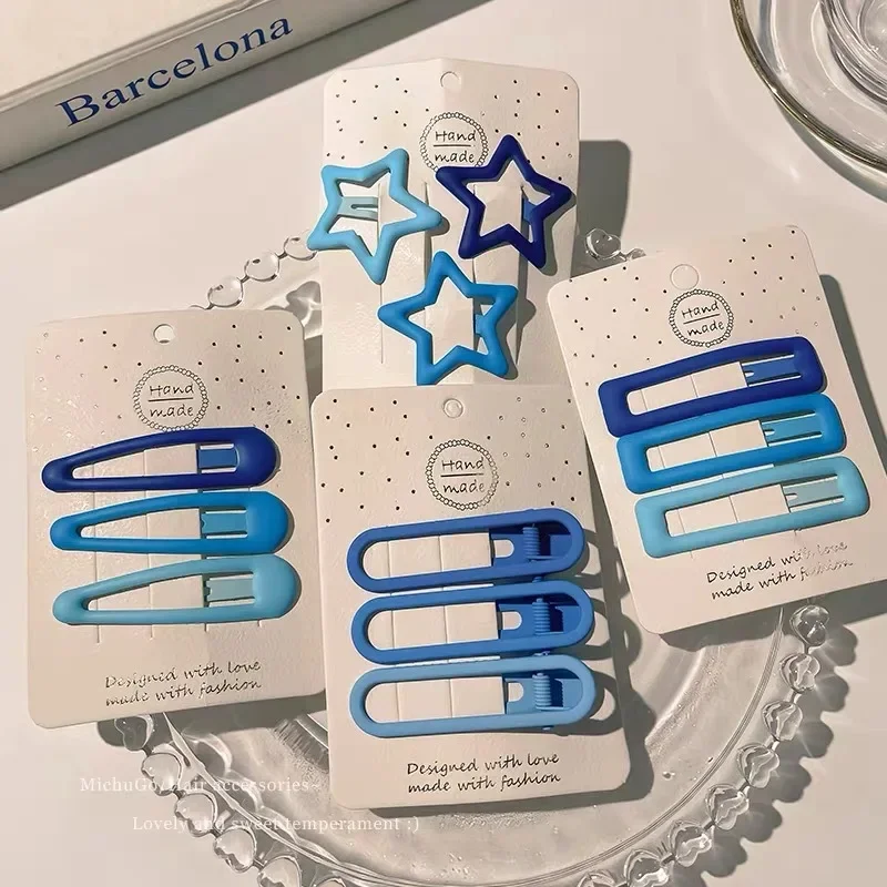 Blaue Serie Haarspange mit Farbverlauf, Pony, seitliche Clips, Metall-Druckknopf-Haarnadel, Herz, Stern, Kopfbedeckung, süßer Haarschmuck