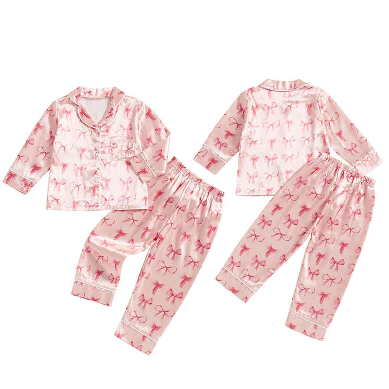 Tregren Toddler Infant Girls Satin Pajamas Set Cute Bow Print Long Sleeve Lapel Button Down T-Shirt Tops with Pants Sleepwear