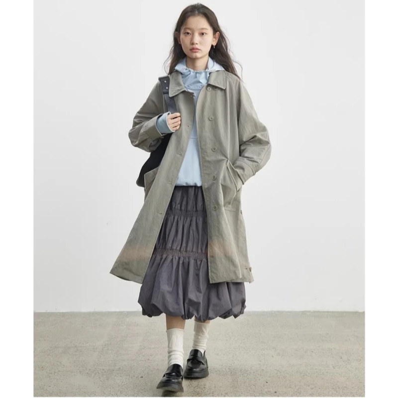 

Spring New Lightweight British Style Pure Cotton Mid-Length Coat with Stand Collar Side Slit for Women Casual A-Line Dress