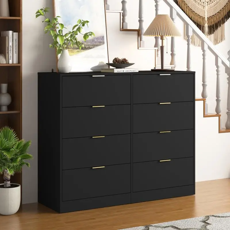 Modern 8-Drawer Dresser, Tall Chest Organizer for Bedroom, Living Room & Hallway, Stylish Wood Design, Black Finish