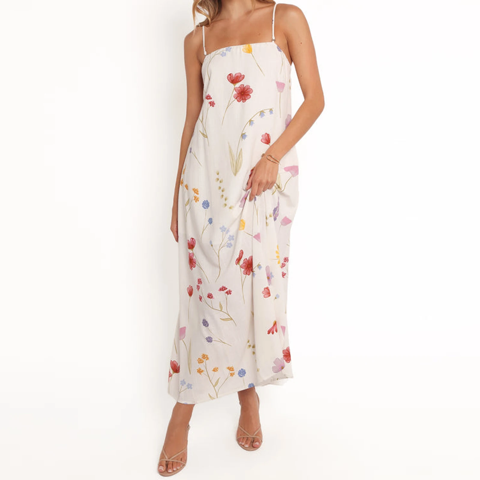 Classic Women Casual Long Dress Floral Print Spaghetti Strap Sleeveless Dress Summer Fashion Casual Cami Dress