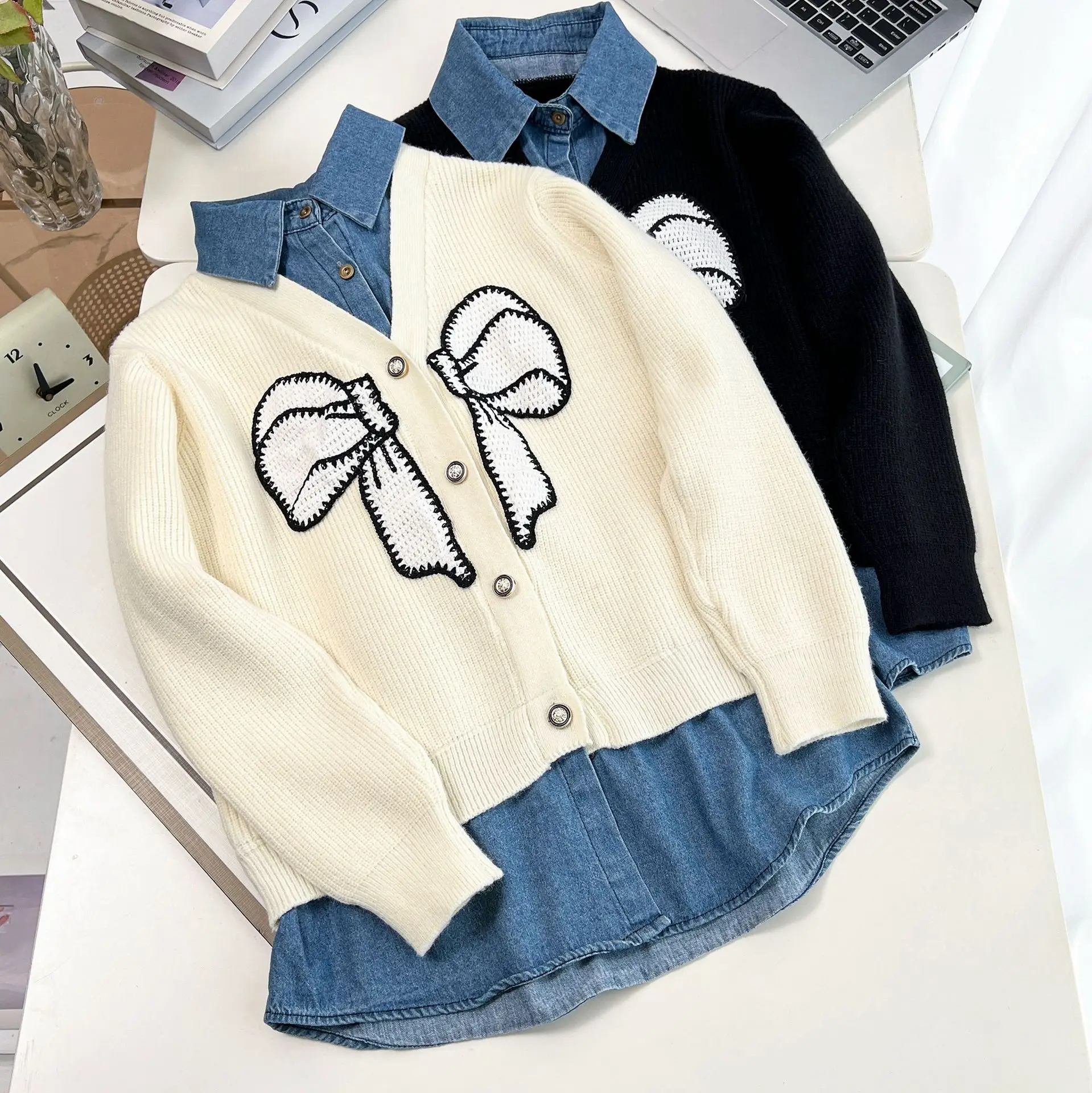 XXXXL موضة حجم كبير البلوزات النسائية 2025 الخريف الشتاء الملابس الكورية نمط Stylishl القوس محبوك وهمية قطعتين سترة