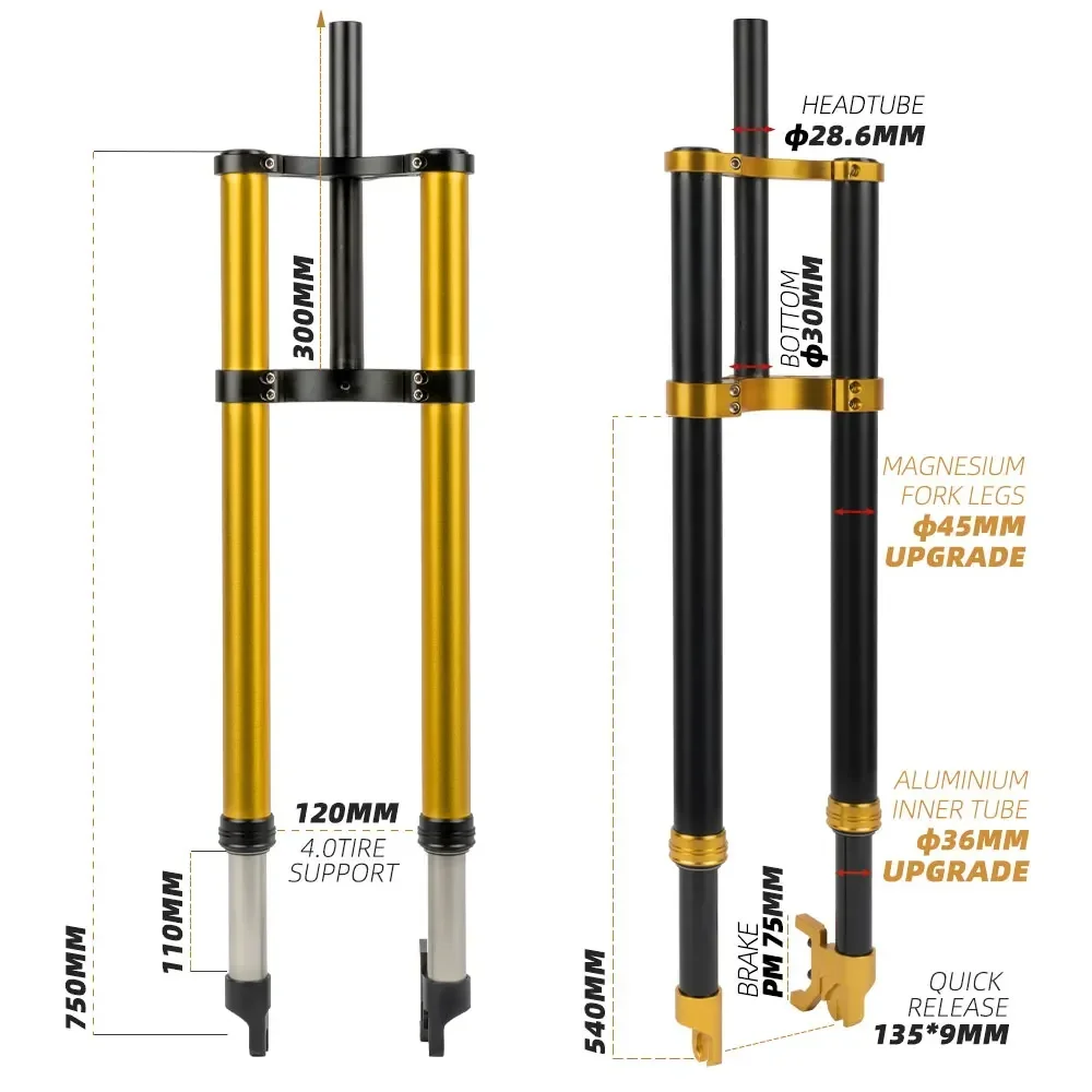 Hot selling 26inch Spring Quick Release 135*9mm Dual Double Crown Electric Fat Bike Bicycle Inverted Front Fork