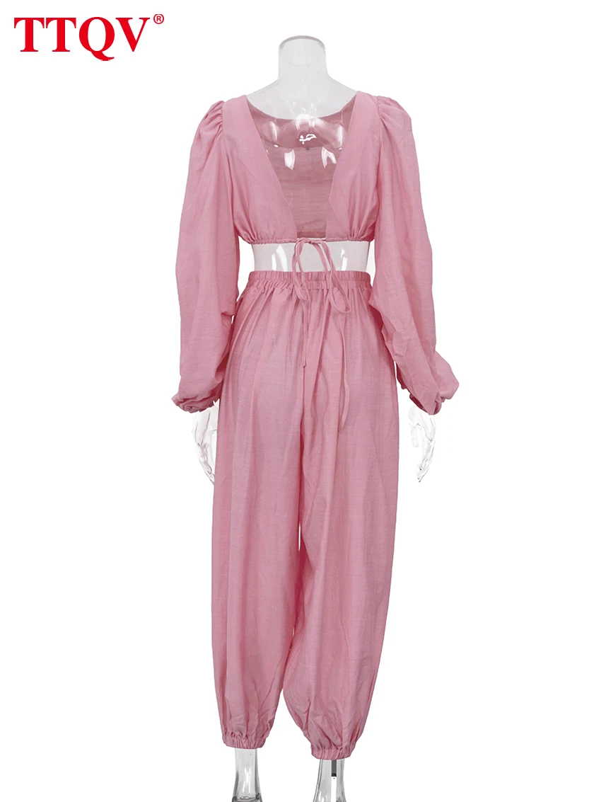 Women's Pink 2-Piece Crop Top & Wide Leg Pants Set