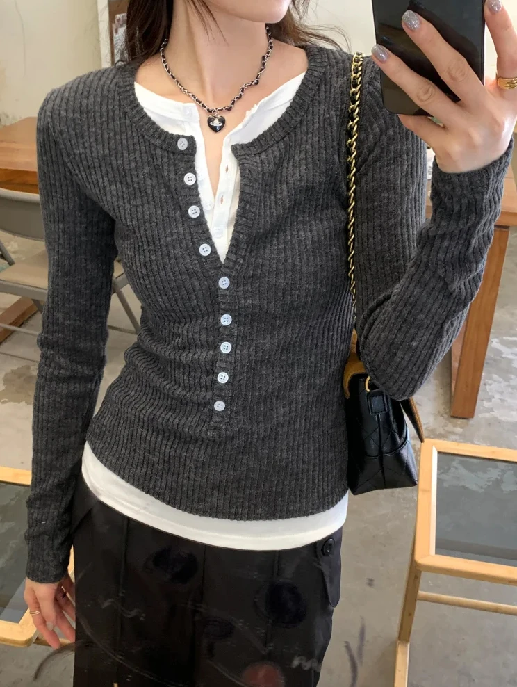 

Women Autumn Winter Fake Two-piece Button T-shirt Fashion Clothes Top Long Sleeve T-Shirt Basic Shirt Spicy Girl Streetwear