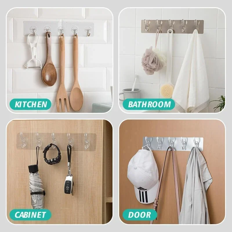 Transparent Wall Row Hooks Kitchen Bathroom 1/3/5/6 Row Hook Strong Suction Adhesive Wall Hangers Seamles Door Hook Storage Rack