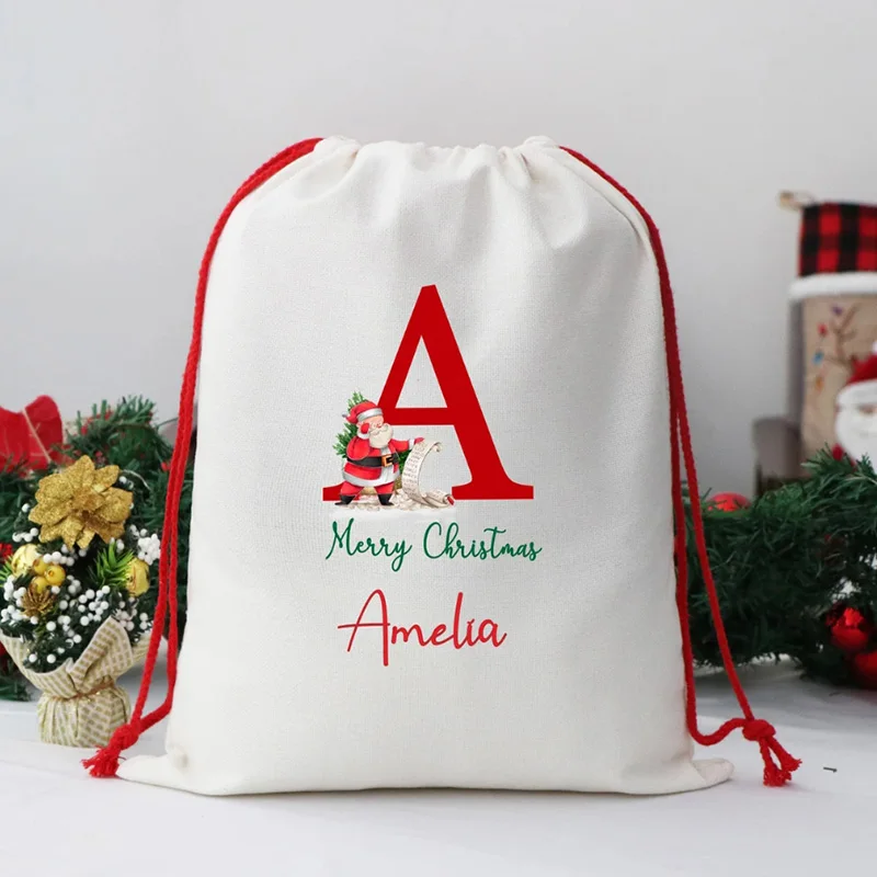 

Personalised Custom Name Initial Santa Sack Christmas Stocking Merry Xmas Eve Holiday Decoration Present Bag Gift Kid Boy Girl