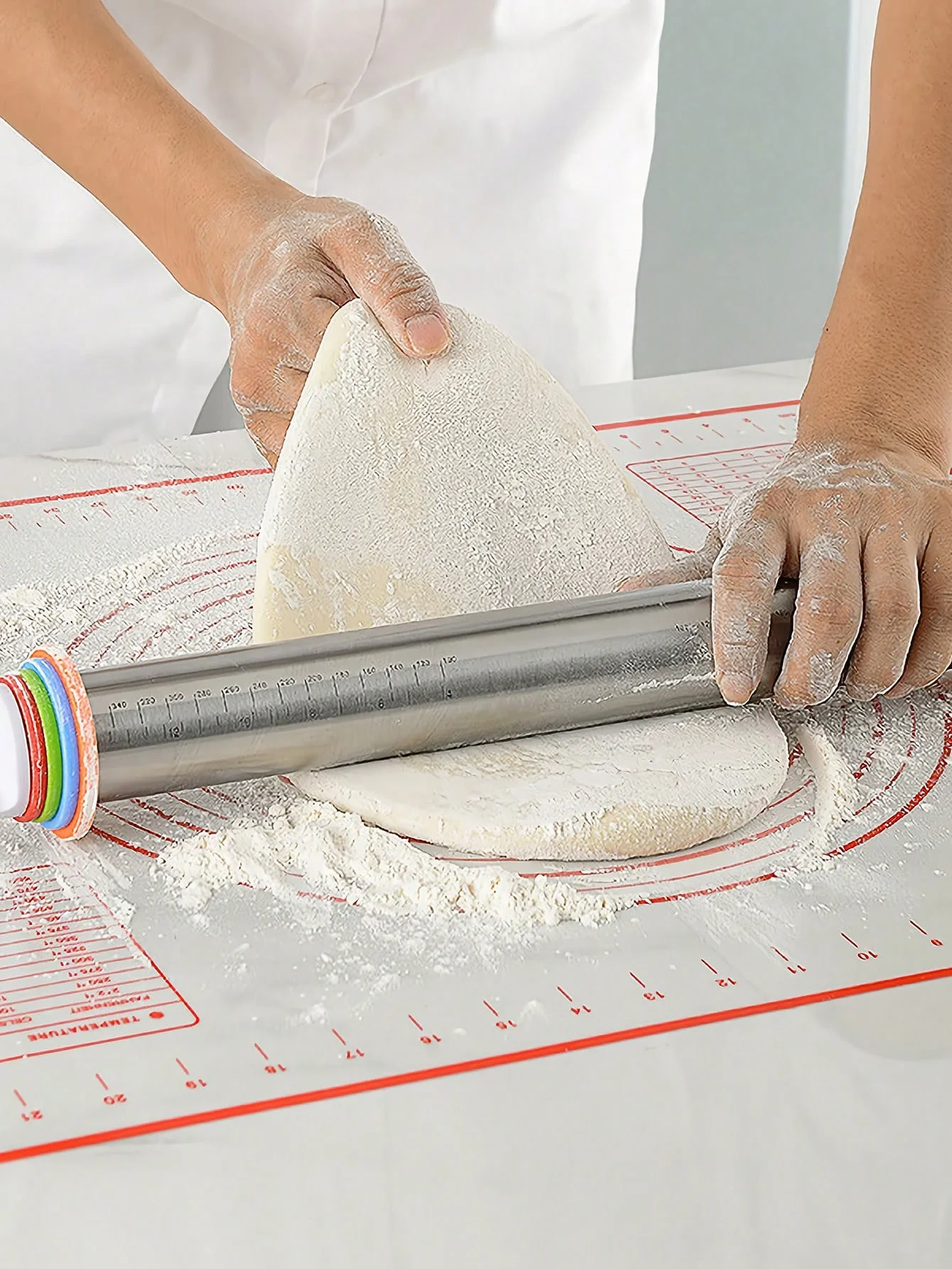 Adjustable Rolling Pin with 4 Thickness Rings, Stainless Steel Dough Roller Pizza Roller Handle Pressing Design with Measuring