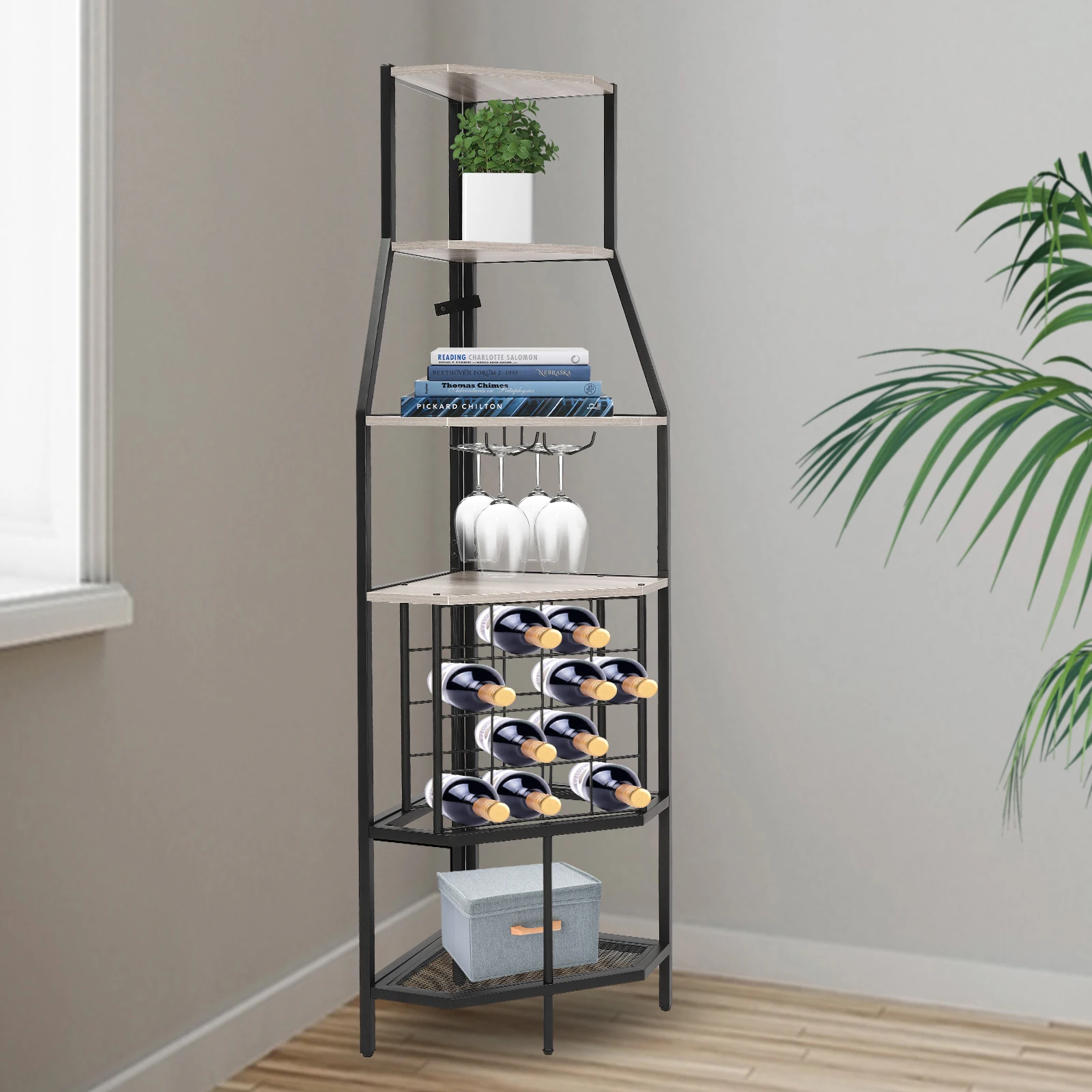 

5-Layer Corner Wine Rack with Glass Holder Freestanding Wine Display Stand Corner Wine Shelf for Home Grey/Brown