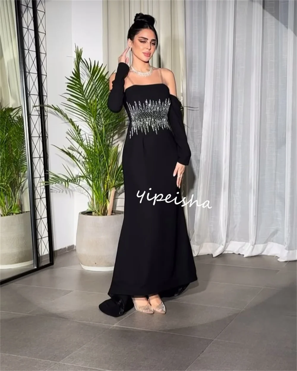 CustomizedElegant Jersey Pleat Pattern Sequined Trumpet Spaghetti Strap Midi Dresses Celebrity Dresses Fashion Chinese Style