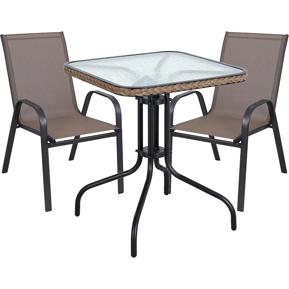 

Brown Indoor Outdoor 28" Tempered Glass Metal Rattan Trim + 2 Restaurant Flexible Stack, 2 Sling Chairs with a Square Table