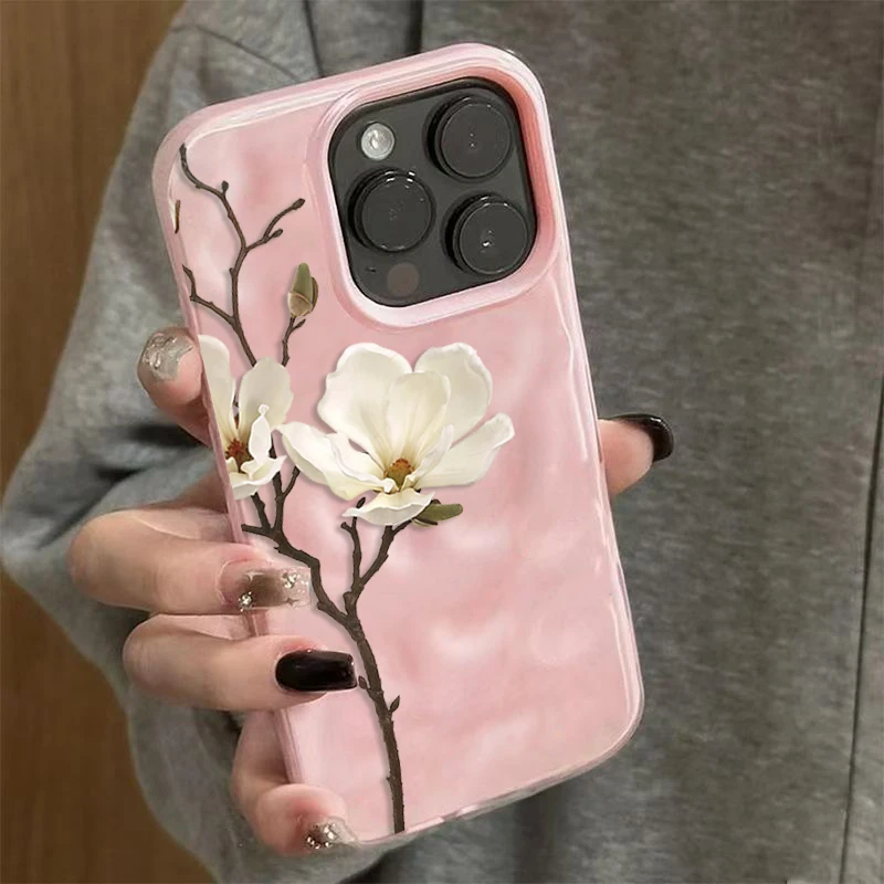 Magnolienblüten Einfache Handyhülle für iPhone 17 16 15 11 14 13 12 Pro Max Plus 17Air Falten-Wellen Weiche Silikon-TPU-Schutzhülle – Detail 2