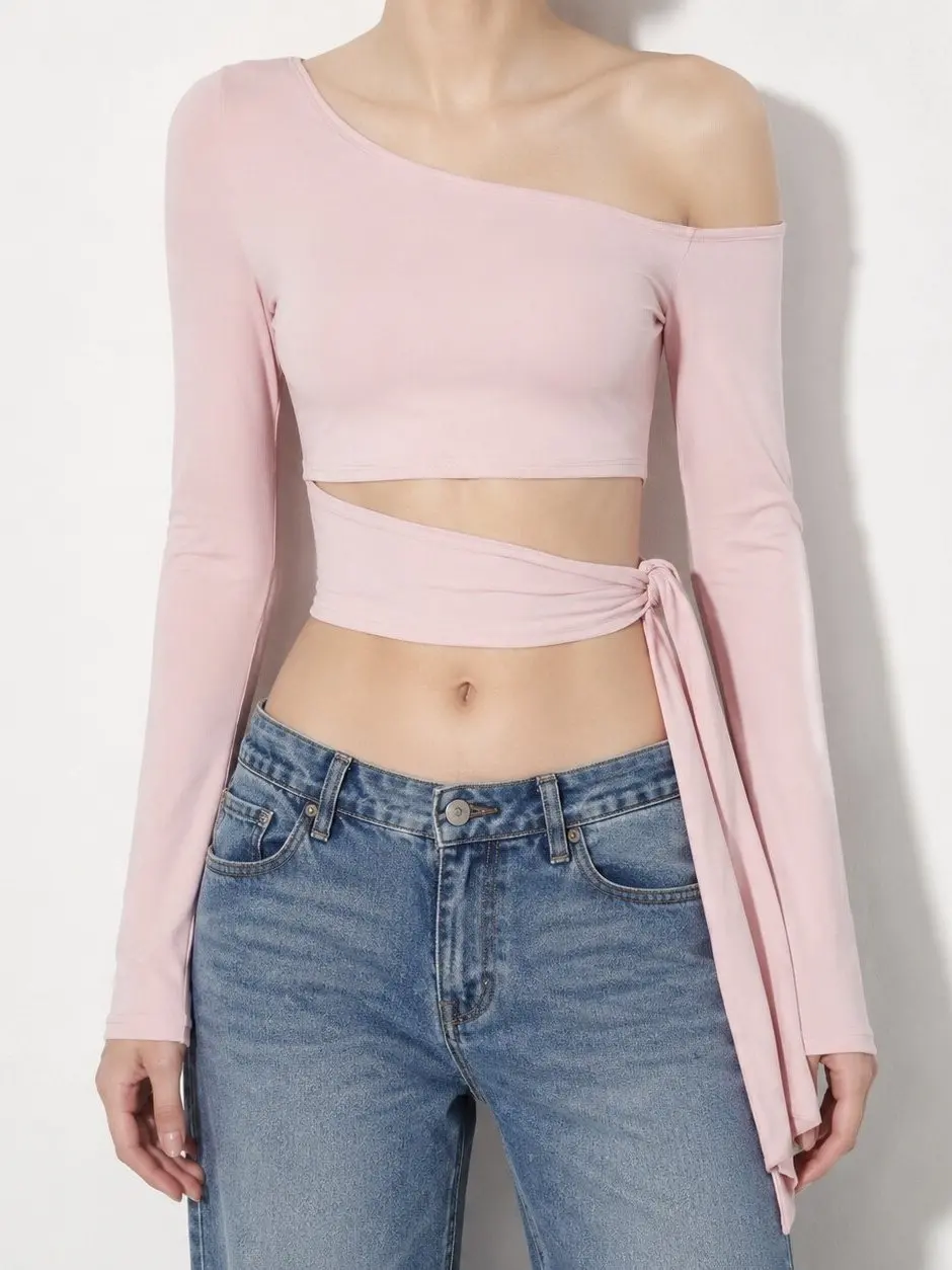 WEEKEEP American Style Sporty Long Sleeve T-Shirt Sexy Strapped Tight Pure Color Casual Hollow out Bungee Streetwear for Women