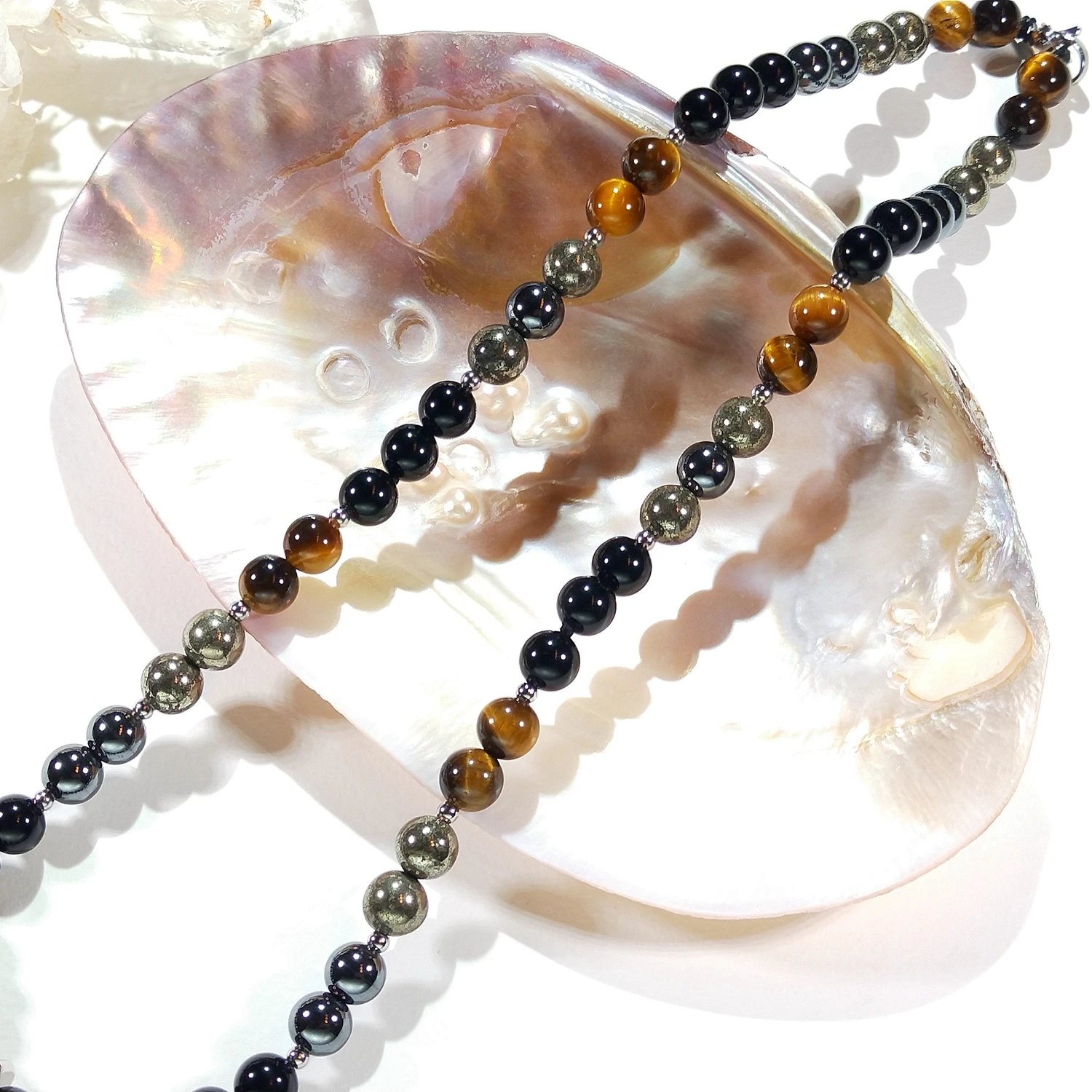 Lii Ji 8mm Black Agate Hematite Pyrite Tiger Eye's Stainless Steel Necklace 53cm Trendy Bohe Necklace For Male