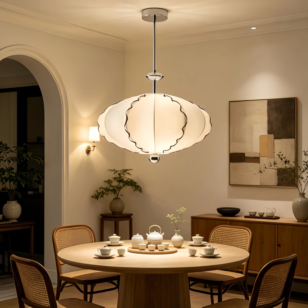 Vintage French Cream Fabric Pendant Light Scalloped Wavy Edge Chrome Metal Chandelier for Dining Bedroom Living Room Home Decor