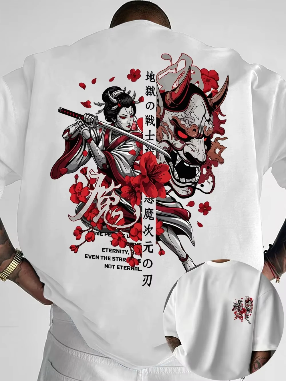 American Men's Summer New Ghost Mask Letter Print Micro Elastic Breathable Round Neck THSirt Outdoor Street Style Top