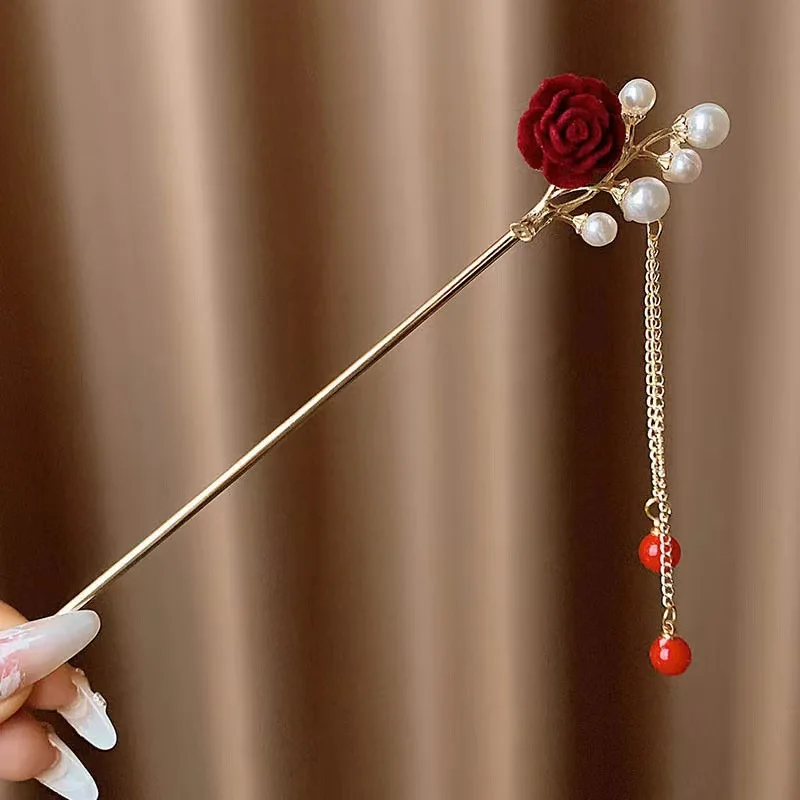 Vintage Hairpin Red Flower Hair Stick Forks Golden Metal Pearl Tiaras Lady Chinese Style Headpiece Retro Hanfu Prom Hair Jewelry