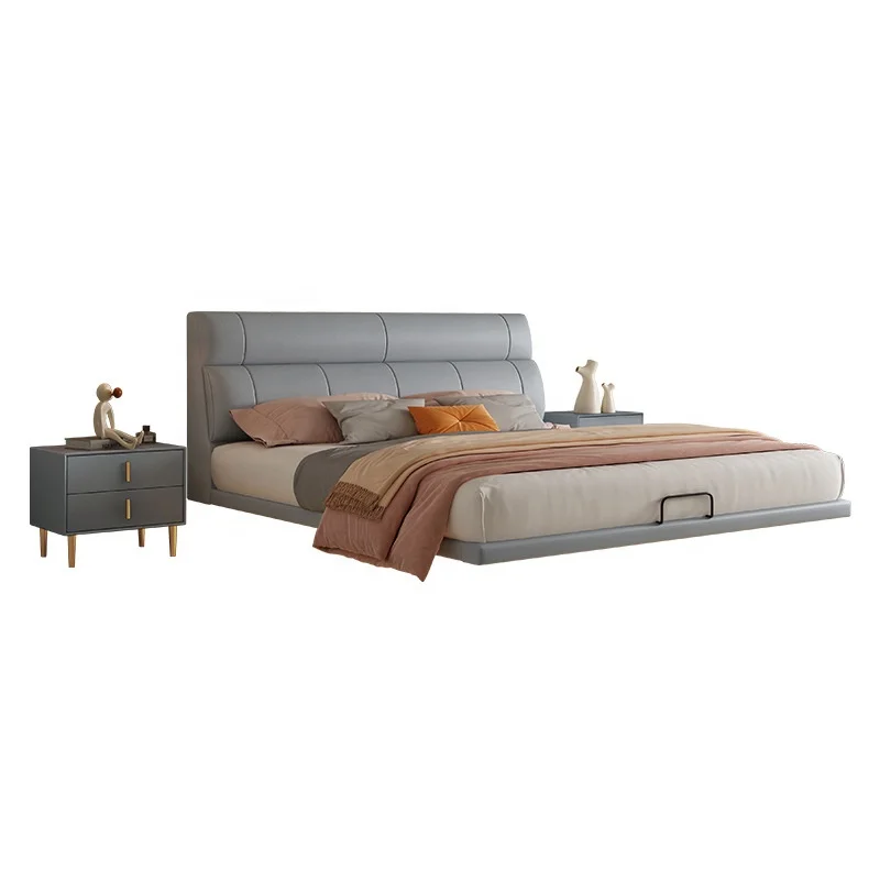 

Modern Luxury Queen-Size Leather Bed New Design Soft Wooden Frame Bedroom Furniture Upholstered Suspended Double Beds Apartments