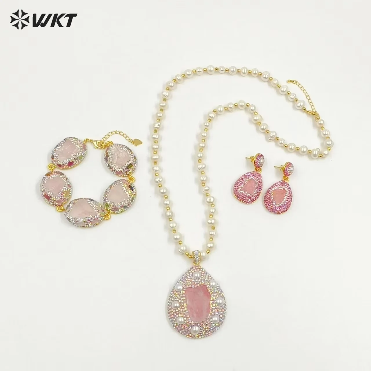 

​ST078 Wholesale Stone Natural Rose Quartz Freshwater Pearl Classic Necklace Earring Bracelet For Friends Jewlery Sets