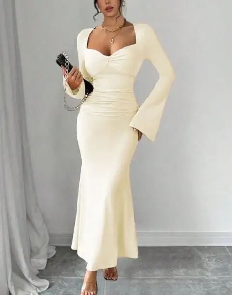 Vestido ajustado para mujer, novedad de verano, estilo, cuello en V, diseño plisado, estilo maduro, mangas de trompeta sexis, falda de cola de pez que abraza la cadera