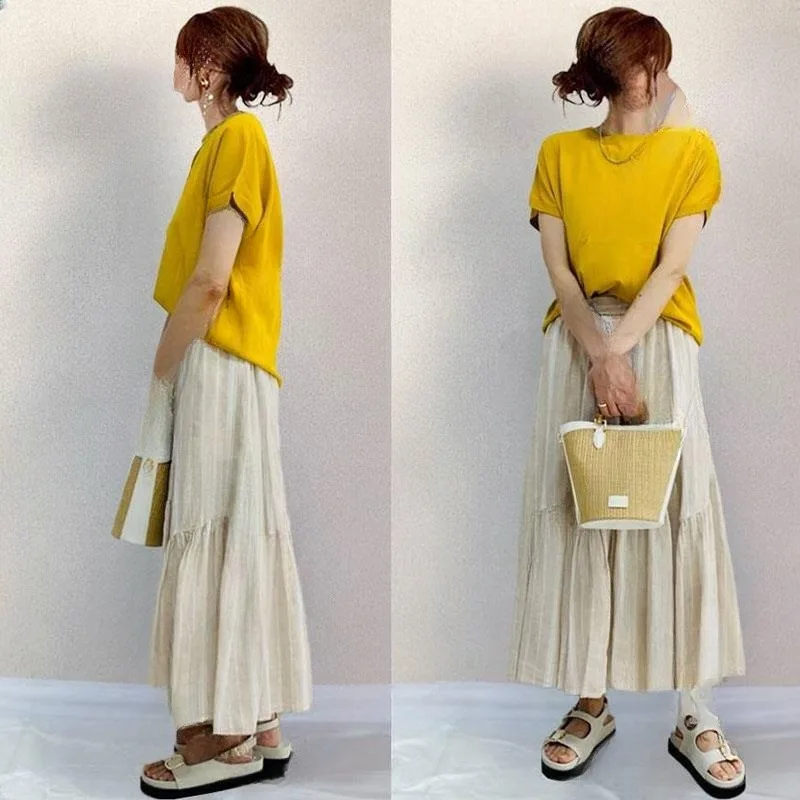 

2025 Summer New Round Neck Loose Top, Elastic Waist, Folded Skirt Two Piece Set