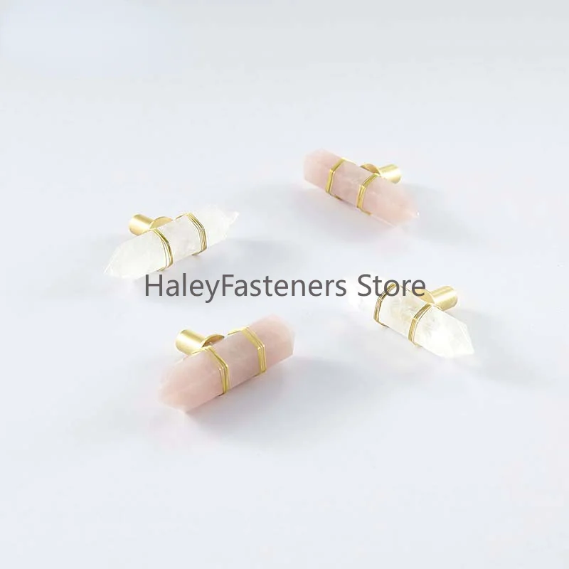 Natrual Pink Powder Crystal Handles with Brass Wire Binding Luxury Rose Quartz Amethyst Furniture Drawer Cabinet Handles Knobs