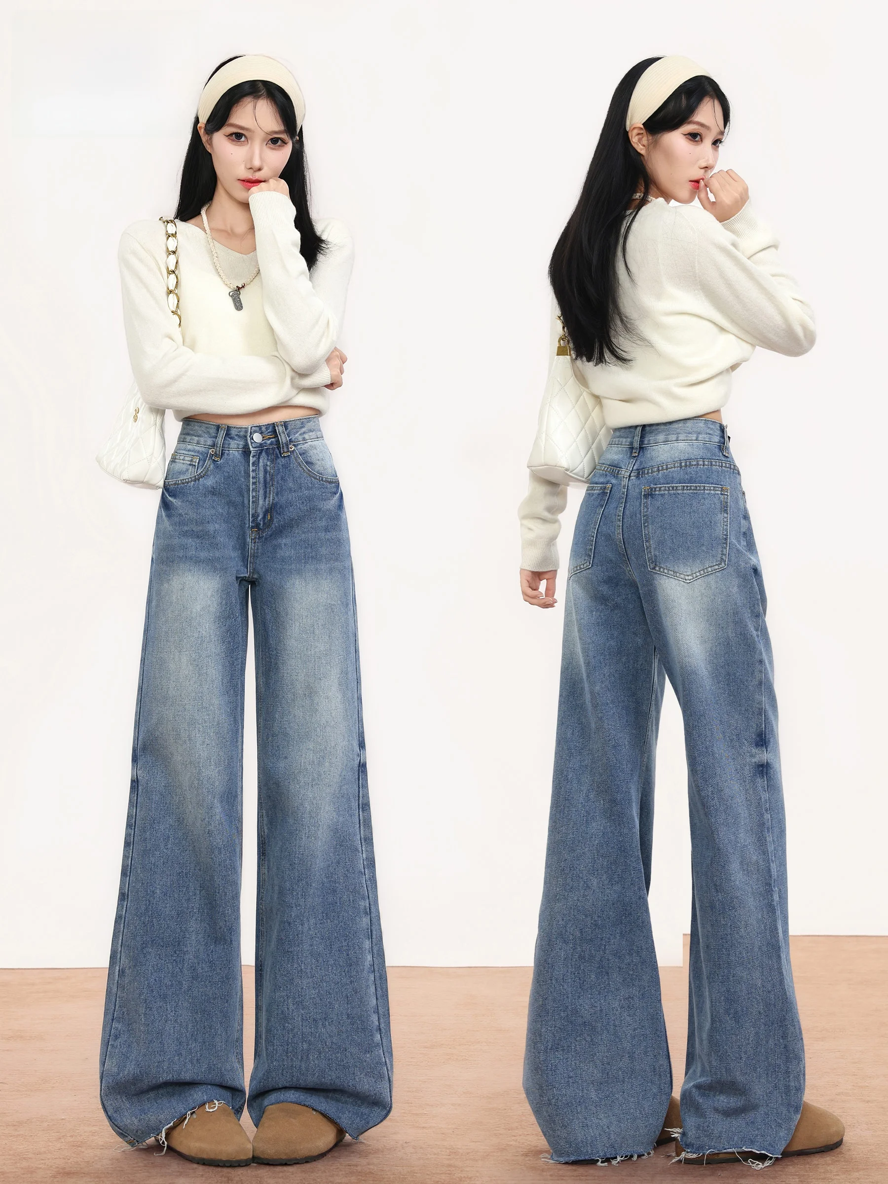 

American Style High Waist Straight Leg Jeans Women's Loose Slimming Design Sensation Frayed Wide Leg Pants Autumn Winter New ...
